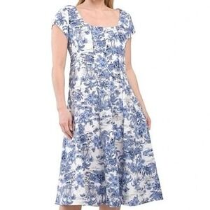 Joie Blue White Nautical Toile Print Fit & Flare Midi Dress Sz 10 Cottagecore
